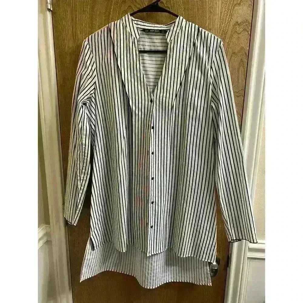 Zara Basic Long White/Navy Stripe Button Asymmetrical Long Sleeve Blouse Size M